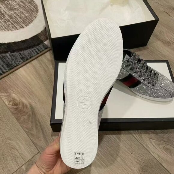 NIB Authentic Gucci Metallic Silver Glitter Bambi Web Detail Studded sneaker - Picture 5 of 5